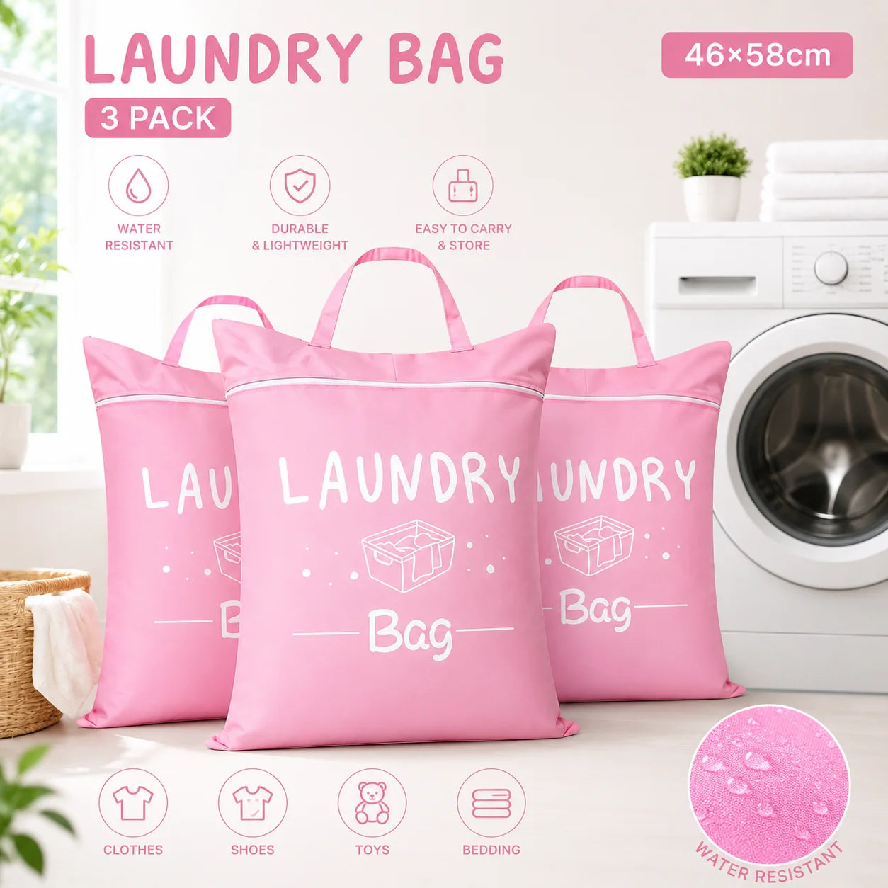 Travel Laundry Bag 48×58cm – Zippered, Washable & Foldable